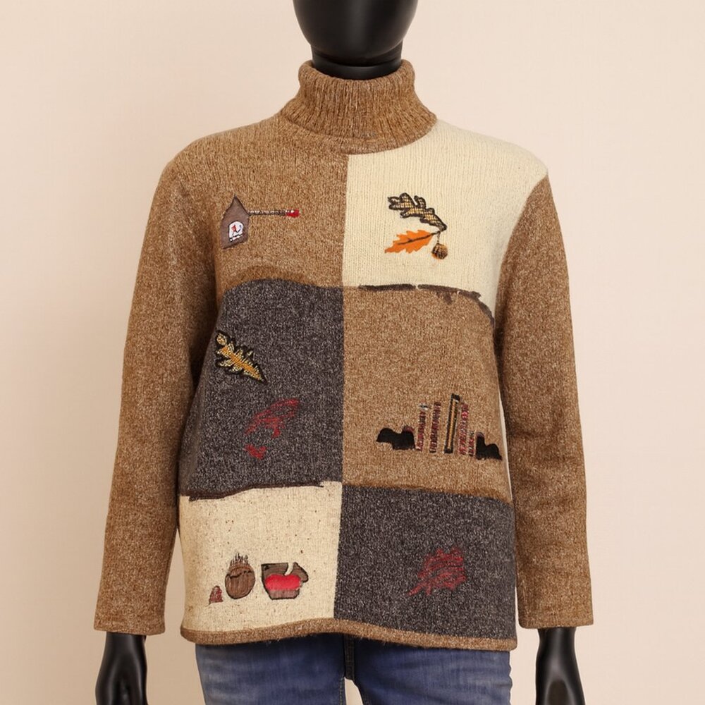 Vintage Halloween Patchwork Sweater Size 1X Colorblock Whimsical Novelty Ugly